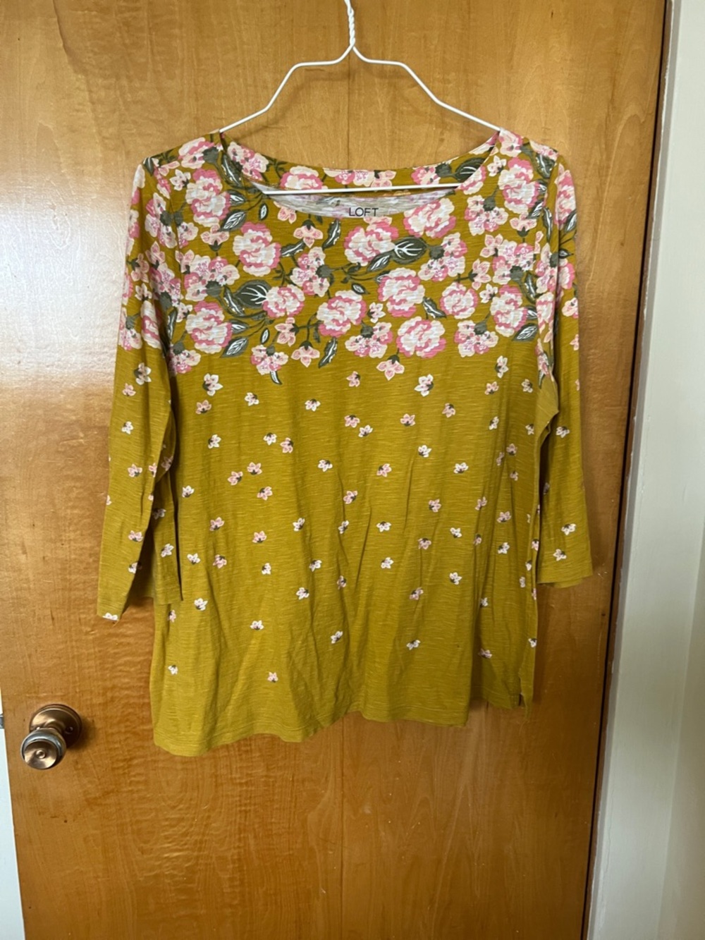 LOFT Mustard Floral Scoop Neck Long Sleeve Top